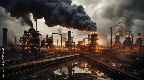 Power plant with smoking chimneys on a background of blue sky. Factories release CO2 into the atmosphere. Concept of carbon trading market. Atmospheric pollution, air pollution concept photo