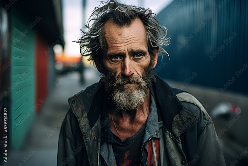 A rugged homeless man with a penetrating gaze stands before an urban sunset, his life etched into the lines of his face. A rugged homeless man with a penetrating gaze stands before an urban sunset, his life etched into the lines of his face.
