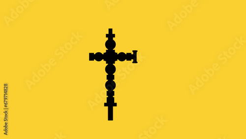 Silhouette drawing showing a wellhead christmas tree with valves and flanges on a yellow background photo