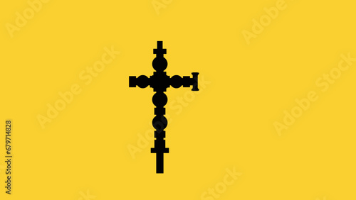 Silhouette drawing showing a wellhead christmas tree with valves and flanges on a yellow background