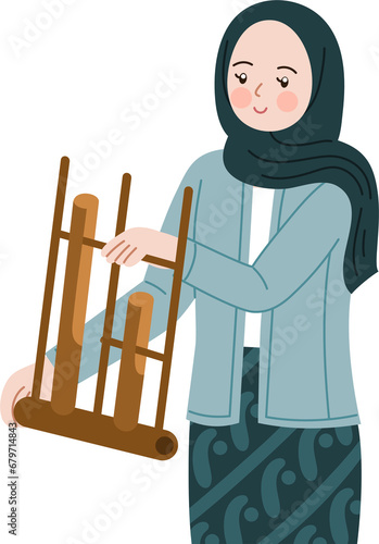 Indonesian woman playing angklung and wear kebaya photo