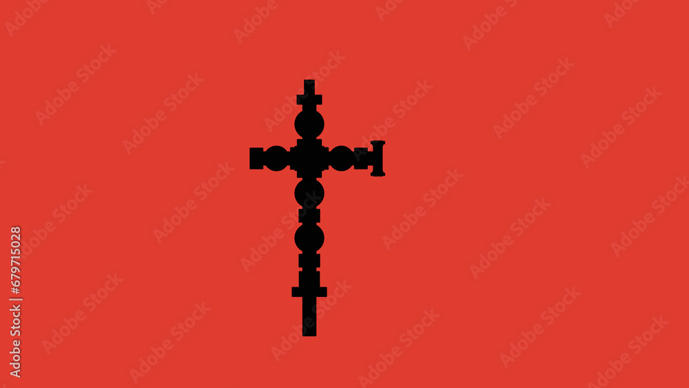 Silhouette drawing showing a wellhead christmas tree with valves and