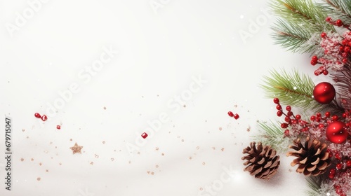  a white background with pine cones and red berries and a pine cone on the left and a pine cone on the right.