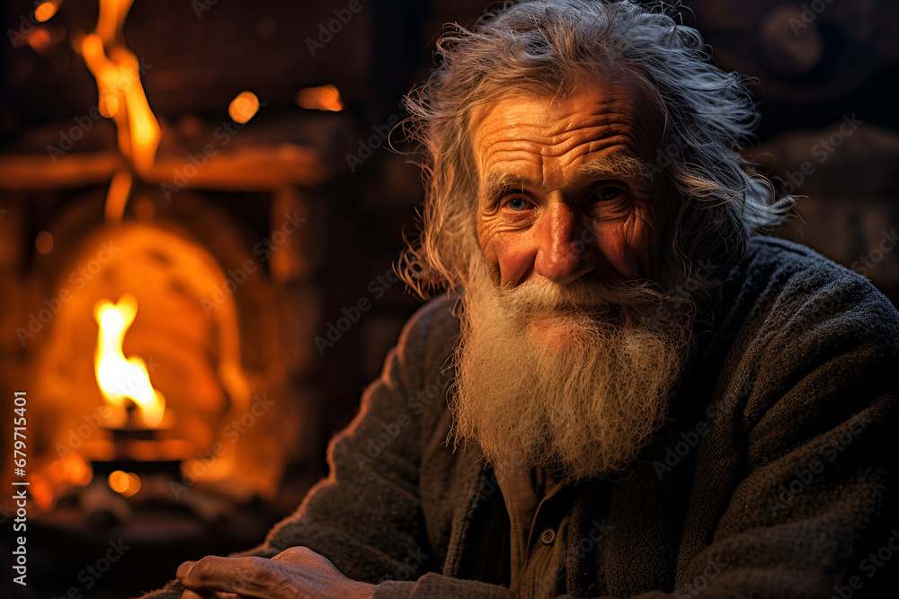 An elderly man's eyes twinkle with joy by the warm hearth, a smile of contentment in a cozy indoor setting. Homeless shelter