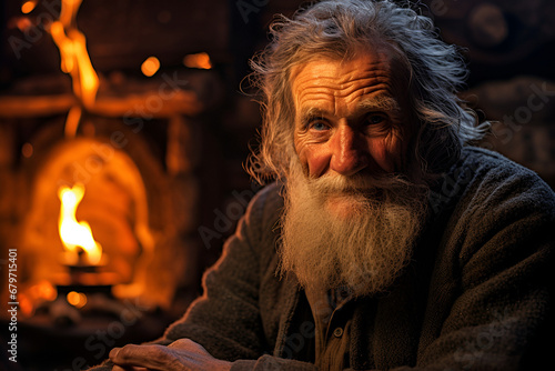 An elderly man's eyes twinkle with joy by the warm hearth, a smile of contentment in a cozy indoor setting. Homeless shelter