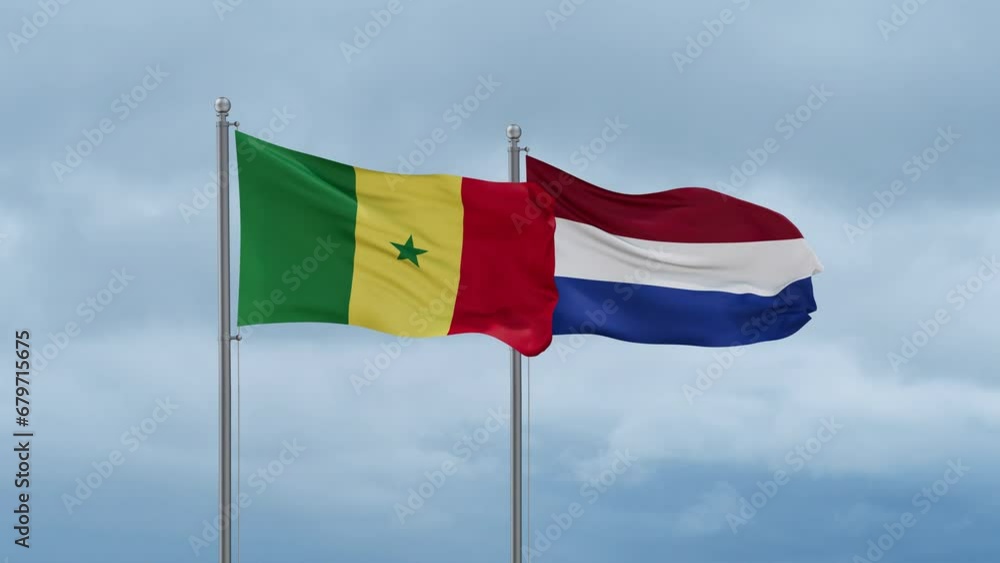 Netherlands flag and Senegal flag waving together on cloudy sky, endless seamless loop, two country relations concept Netherlands flag and Senegal flag waving together on cloudy sky, endless seamless loop, two country relations concept
