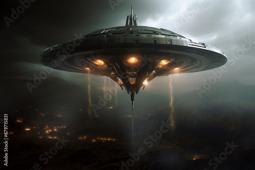 Witness the grandeur of a massive UFO spaceship prepares to gracefully touch down on an alien planet, sparking imagination and wonder. Ai generated