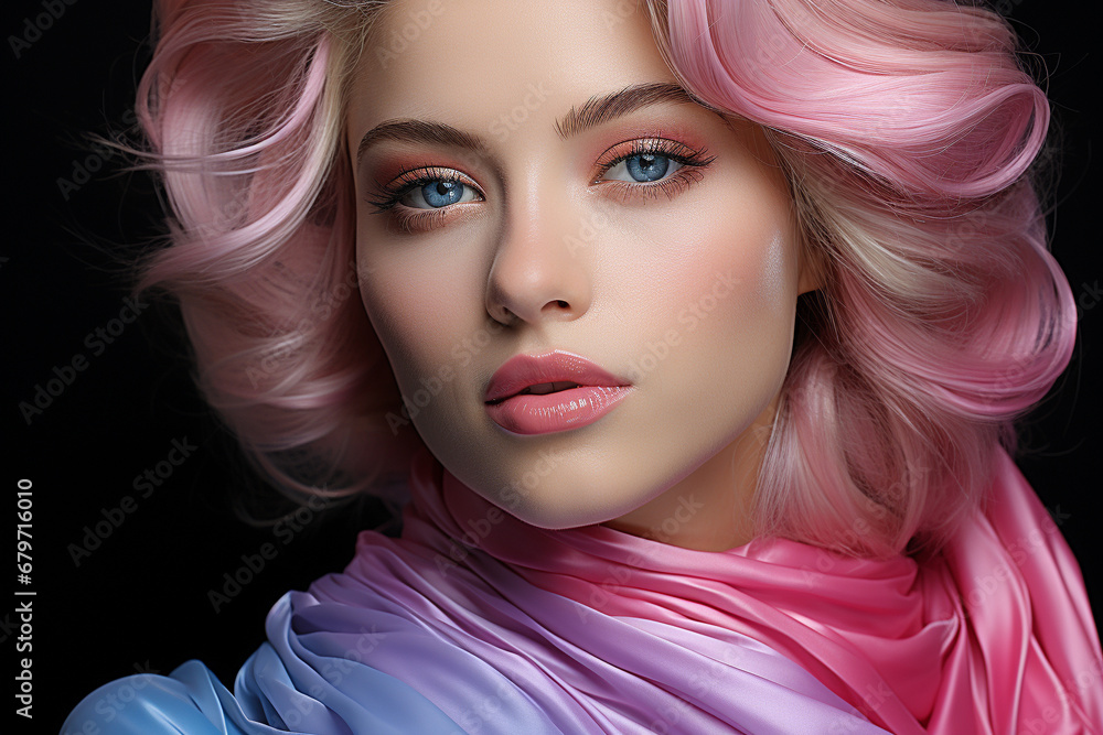 Explore the allure of a beautiful woman face adorned with stunning blue and pink hair, an ideal photo for makeup and skincare product promotion. Ai generated