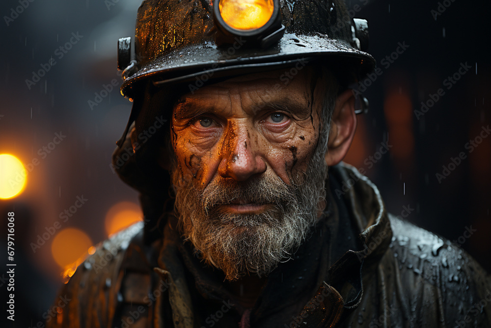 A gritty portrait capturing the essence of a coal miner, adorned with a sturdy helmet, in the challenging depths of the mining world. Ai generated