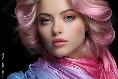 Explore the allure of a beautiful woman face adorned with stunning blue and pink hair, an ideal photo for makeup and skincare product promotion. Ai generated