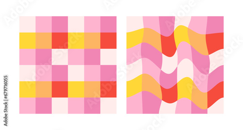Groovy checkered vintage aesthetic backgrounds, psychedelic checkerboard texture. Funky hippie fashion textile print, retro background with distorted grid tile vector pattern set