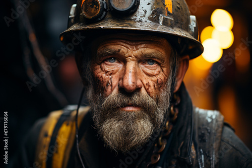 A gritty portrait capturing the essence of a coal miner, adorned with a sturdy helmet, in the challenging depths of the mining world. Ai generated