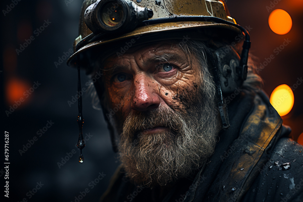 A gritty portrait capturing the essence of a coal miner, adorned with a sturdy helmet, in the challenging depths of the mining world. Ai generated A gritty portrait capturing the essence of a coal miner, adorned with a sturdy helmet, in the challenging depths of the mining world. Ai generated
