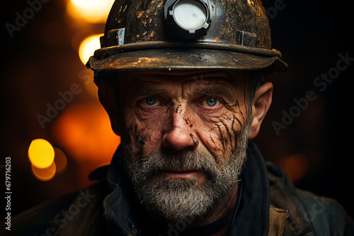 A gritty portrait capturing the essence of a coal miner, adorned with a sturdy helmet, in the challenging depths of the mining world. Ai generated photo