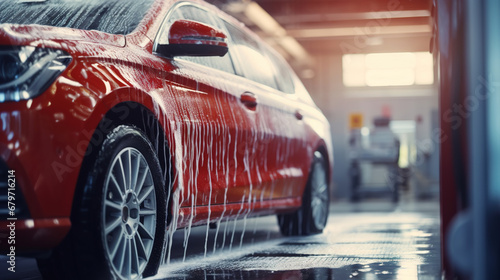 Generative AI, car wash with foam soap, high pressure vehicle washer machine sprays foam, self service