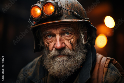 A gritty portrait capturing the essence of a coal miner, adorned with a sturdy helmet, in the challenging depths of the mining world. Ai generated photo