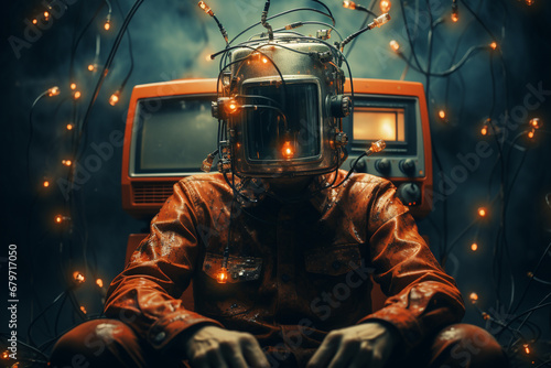 Thought provoking imagery depicting a man wired to electronics and TV, exploring the concept of media brainwashing. Ai generated photo