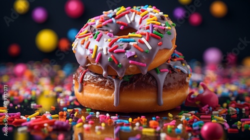 in the symphony of flavors with a close-up shot of a mouthwatering donut, oozing with glaze and topped with an artful array of sprinkles