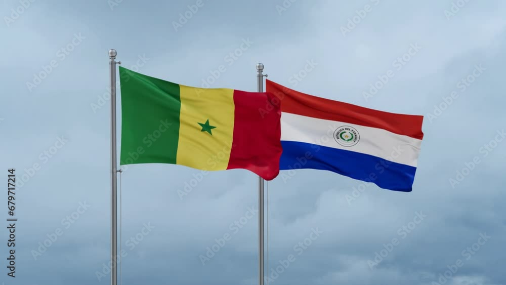 Paraguay flag and Senegal flag waving together on cloudy sky, endless seamless loop, two country relations concept Paraguay flag and Senegal flag waving together on cloudy sky, endless seamless loop, two country relations concept