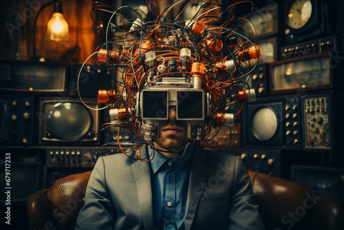 Thought provoking imagery depicting a man wired to electronics and TV, exploring the concept of media brainwashing. Ai generated