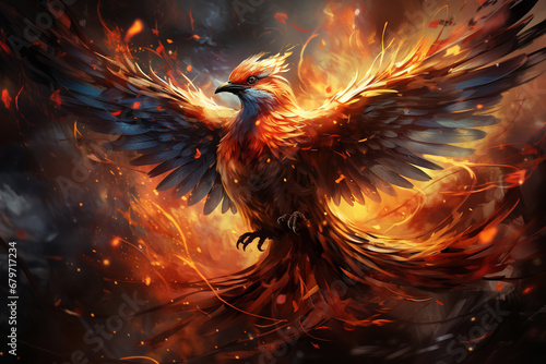  Captivating visual representation of the mythical phoenix, a symbol of rebirth and renewal, engulfed in mesmerizing flames. Ai generated