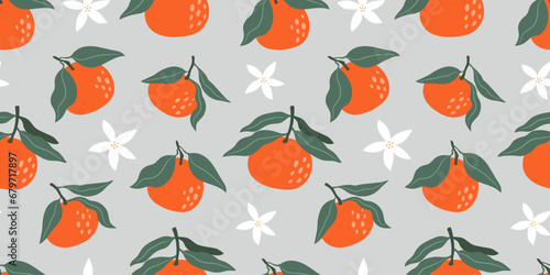 Seamless pattern with tangerines and flowers