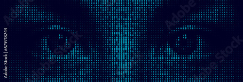 Halftone letter binary code pattern forming a pair of eyes. Coding language symbols forming a human form. Artificial intelligence technology futuristic background. photo