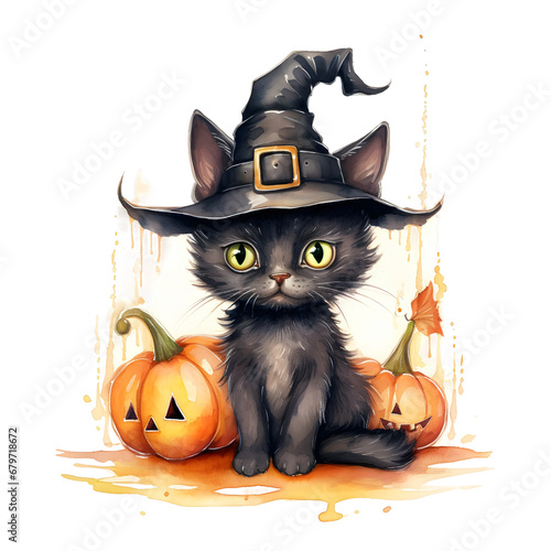 Watercolor cute clipart halloween witch black cat with jack o lantern on transparent background. sublimation, tshirt, mug, pillow, tumbler, print