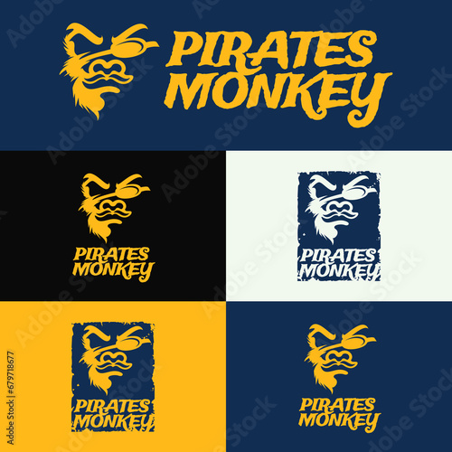 set of furious face silhouette of pirate monkey logo suitable Suitable for apparel, streetwear branding, gaming communities, patches, tattoo designs, baseball logo, and nautical themed identities.