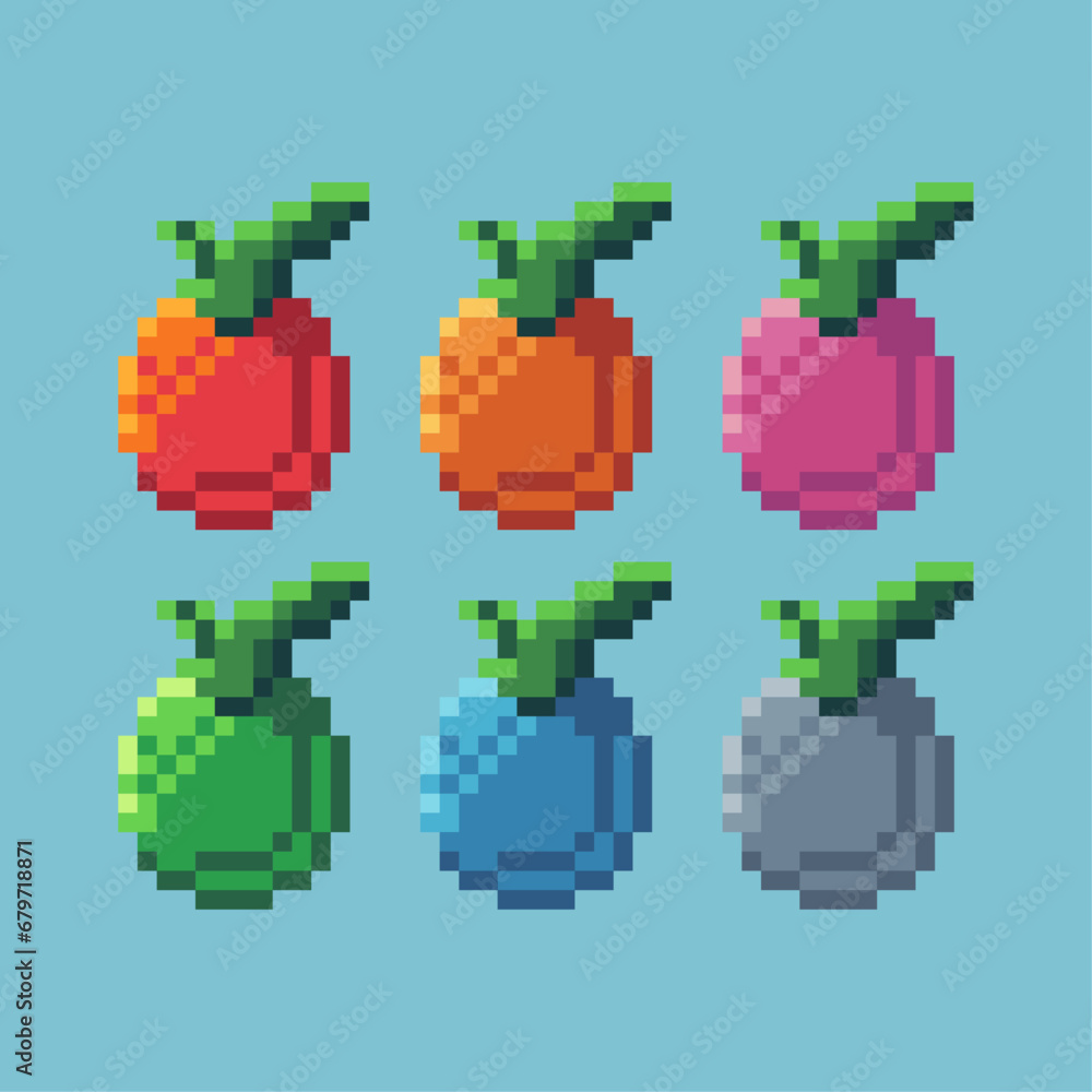 Pixel art sets of fruit food with variation color item asset. Fruit fresh food on pixelated style. 8bits perfect for game asset or design asset element for your game design asset Pixel art sets of fruit food with variation color item asset. Fruit fresh food on pixelated style. 8bits perfect for game asset or design asset element for your game design asset