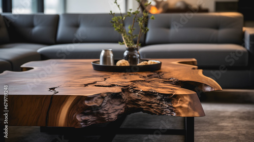 Une belle table en bois moderne dans le salon d'une maison.