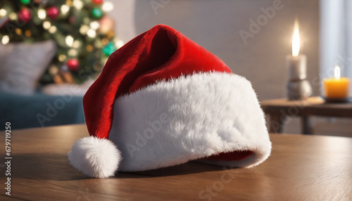 A Santa Claus hat on a wooden table. 