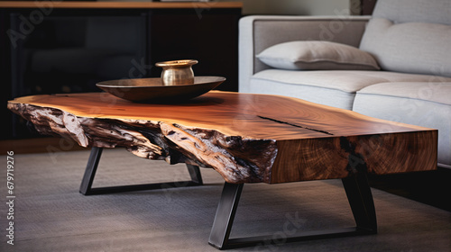 Une table basse en bois au design moderne dans le salon d'un appartement.  photo