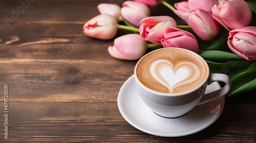 Cup of coffee and pink tulips. Valentine s Day background  copy space.