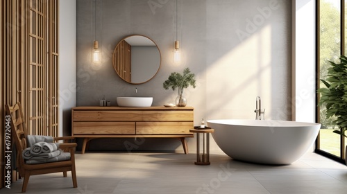 Interior of luxury bathroom with gray tile walls, concrete floor, white bathtub and double sink with a round mirror hanging above it. Wooden ladder in the corner. 3d rendering photo