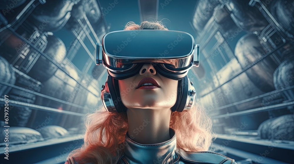 From below portrait of woman with augmented virtual reality glasses. 3D Render From below portrait of woman with augmented virtual reality glasses. 3D Render