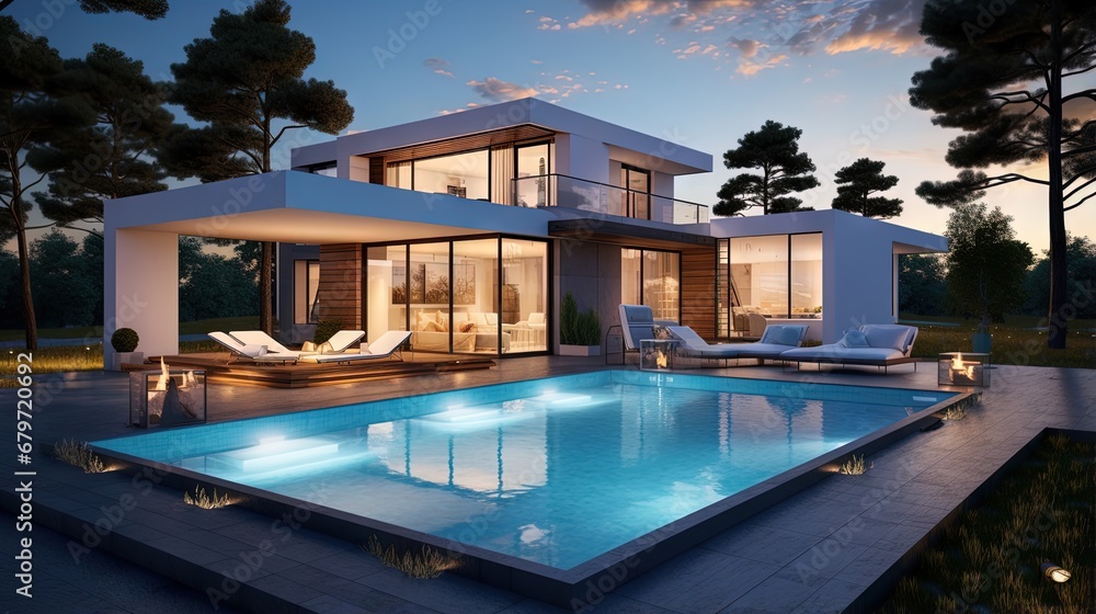 3D rendering and plan of a beautiful modern house with swimming pool