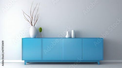 Blue cabinet in an empty living room interior with white wall.3D rendering