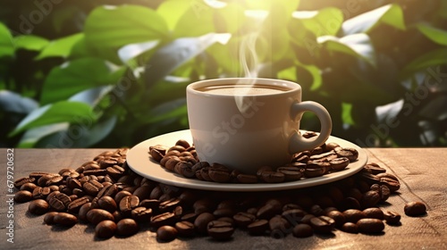 Coffee cup and coffee beans in sack on coffee plant background in the morning , 3D Rendering, 3D illustration photo