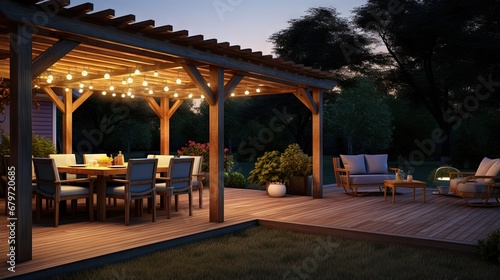 3D render of a teak wooden deck with decor furniture and ambient lighting. Front view of garden pergola with gas grill at twilight. photo
