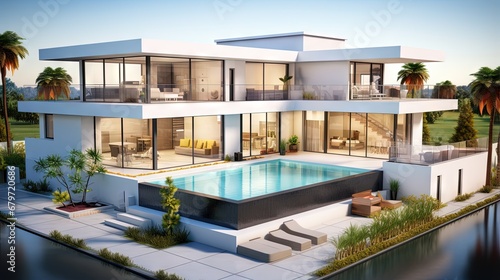 3D rendering and plan of a beautiful modern house with swimming pool © HN Works