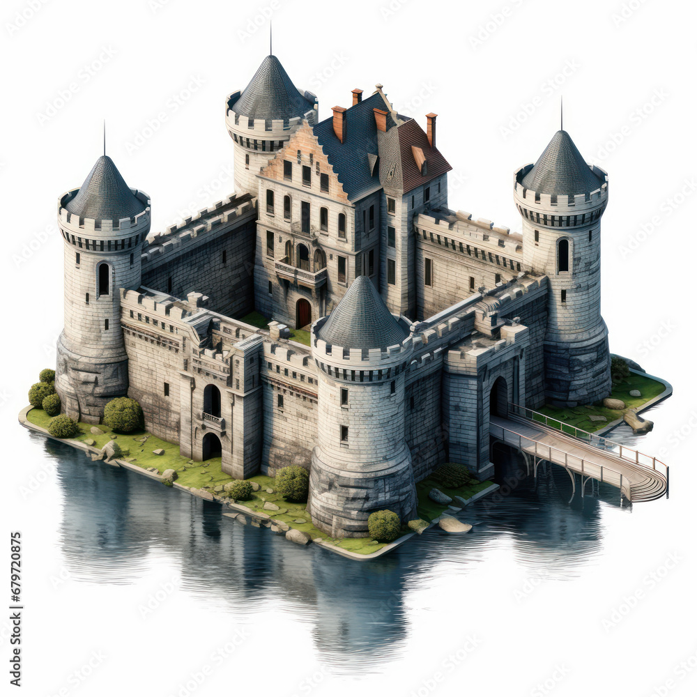 château fort militaire en vue 3D isométrique sur fond blanc