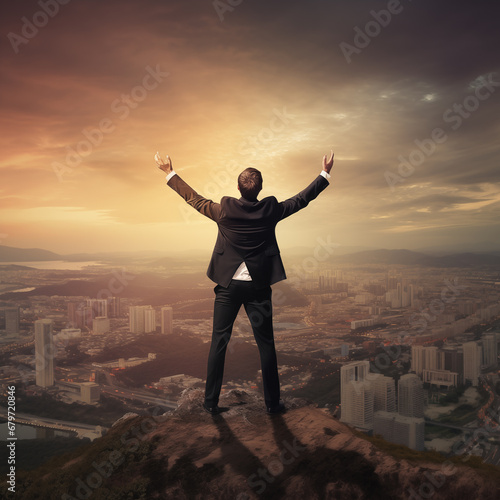 Businessman standing on cliff with city night beautiful background on high mountain.Generative ai