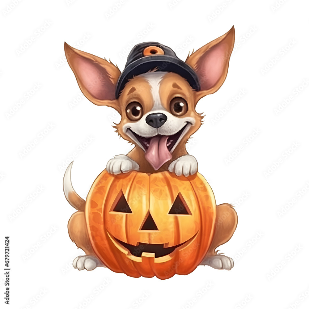 Watercolor cute clipart halloween dog with pumpkin on transparent background. sublimation, tshirt, mug, pillow, tumbler, print