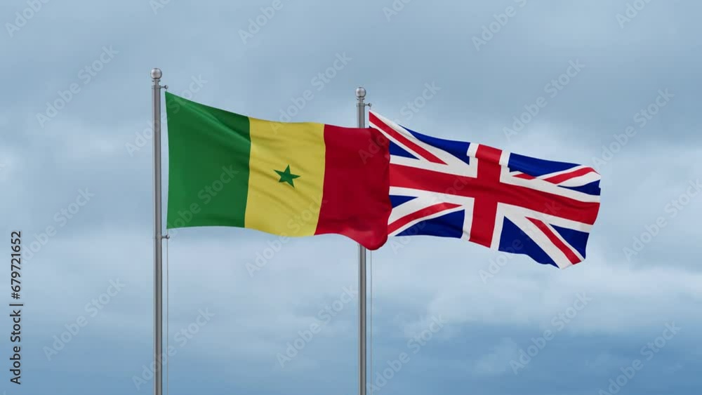 United Kingdom and Senegal flag waving together on cloudy sky, endless seamless loop, two country cooperation concept United Kingdom and Senegal flag waving together on cloudy sky, endless seamless loop, two country cooperation concept