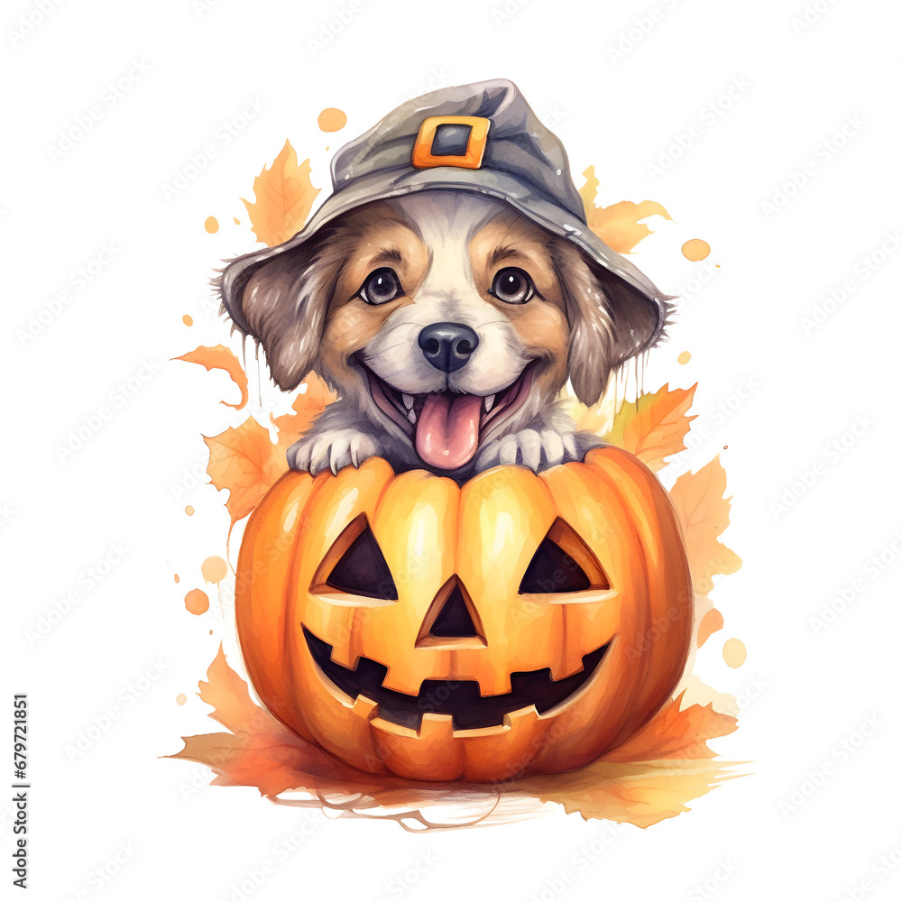 Watercolor cute clipart halloween dog with pumpkin on transparent background. sublimation, tshirt, mug, pillow, tumbler, print