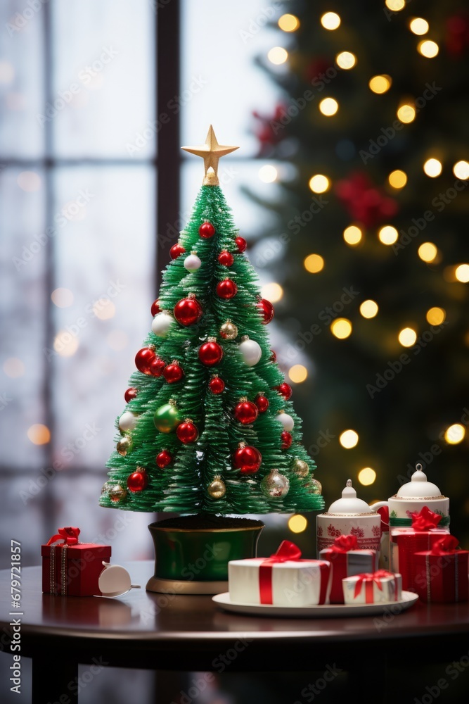 Beautiful Christmas tree with gifts on table in room decorated for Christmas