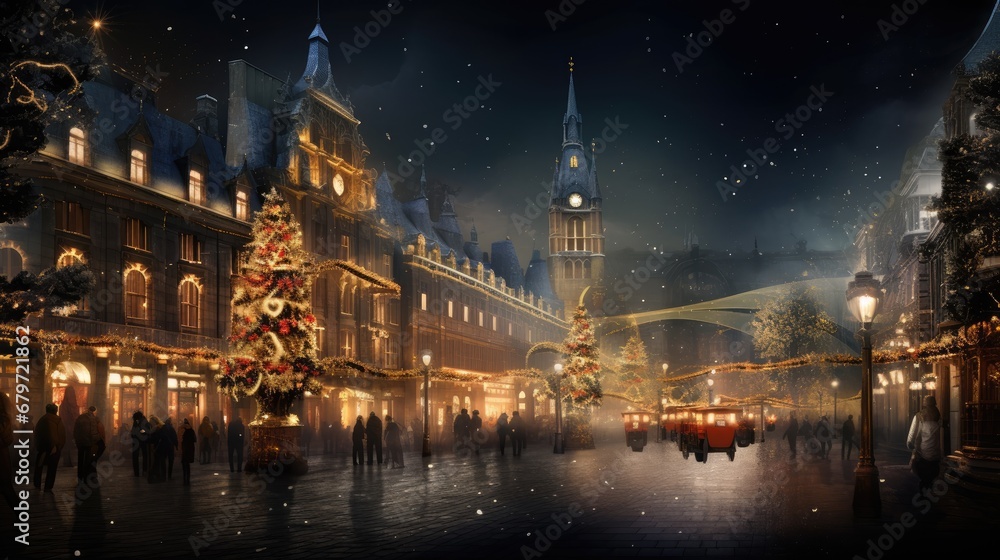  a painting of a christmas tree in the middle of a city at night with people walking on the sidewalk and a clock tower in the background.