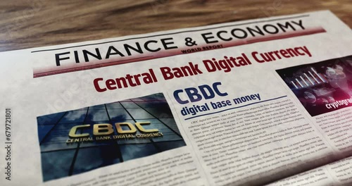 CBDC Central Bank Digital Currency and crypto money daily newspaper on table. Headlines news abstract concept 3d.  photo