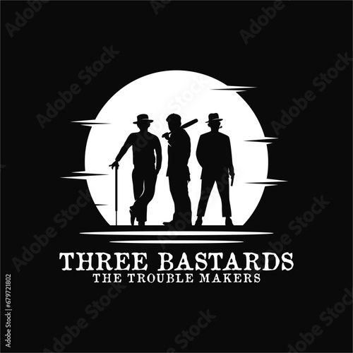 silhouette of three bastards mafia ghetto gangster bandit mafioso with gun shot weapon, walking stick, baseball bat in hand and smoking pipe in mouth logo design inspiration